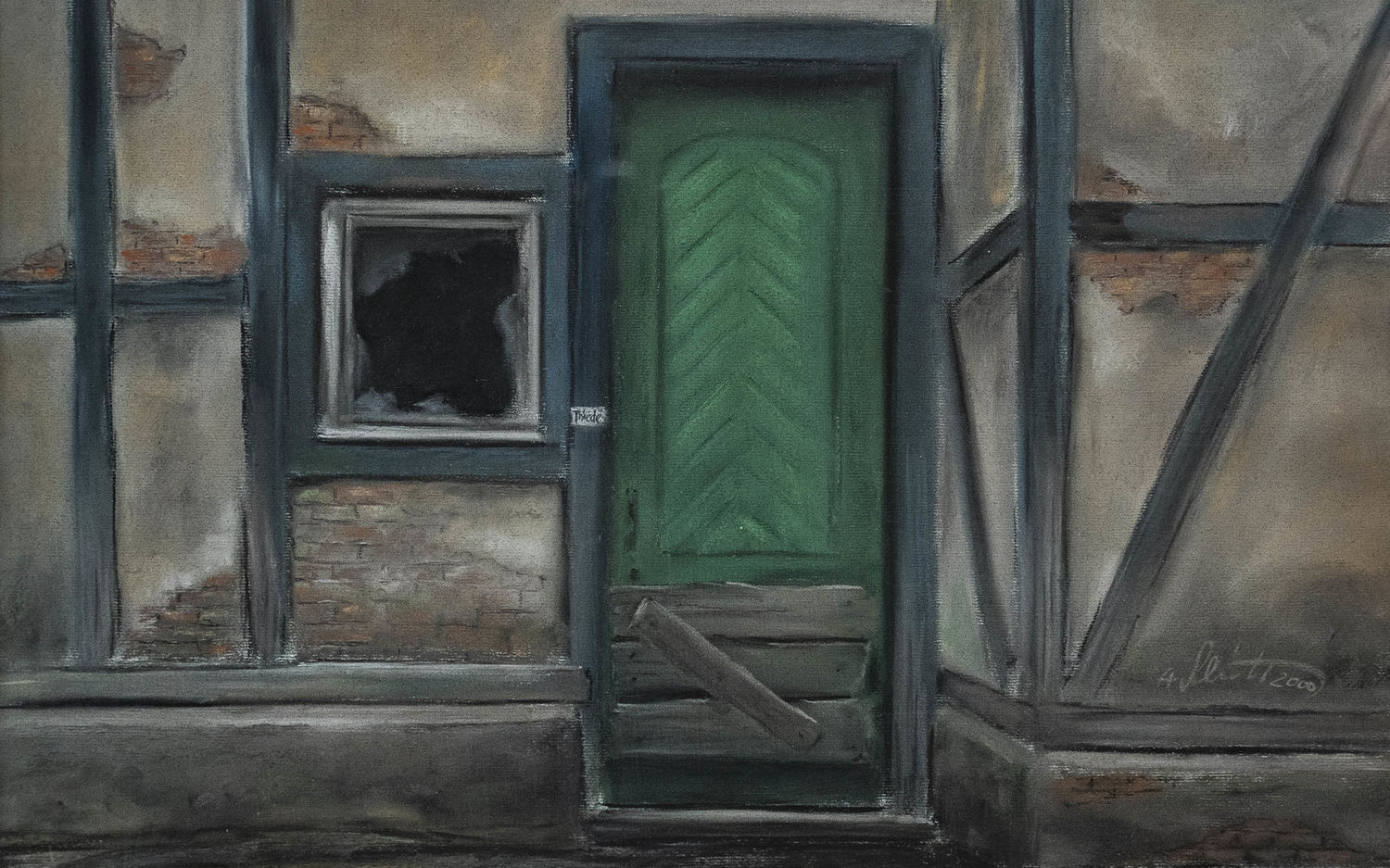 Alfred Schmidt / Die grüne Tür der Remise von 1896 in der Karl Marx Str. 18a, Babelsberg / Gemälde / Pastell auf Leinwand / 46 x 66 cm