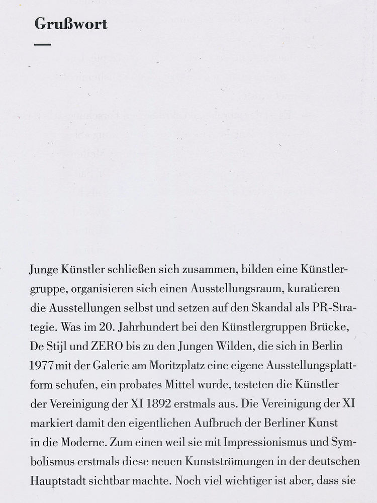 Grußwort von Dr. Tobias Hoffmann aus dem Katalog "Skandal! Mythos! Moderne! Die Vereinigung der XI in Berlin"