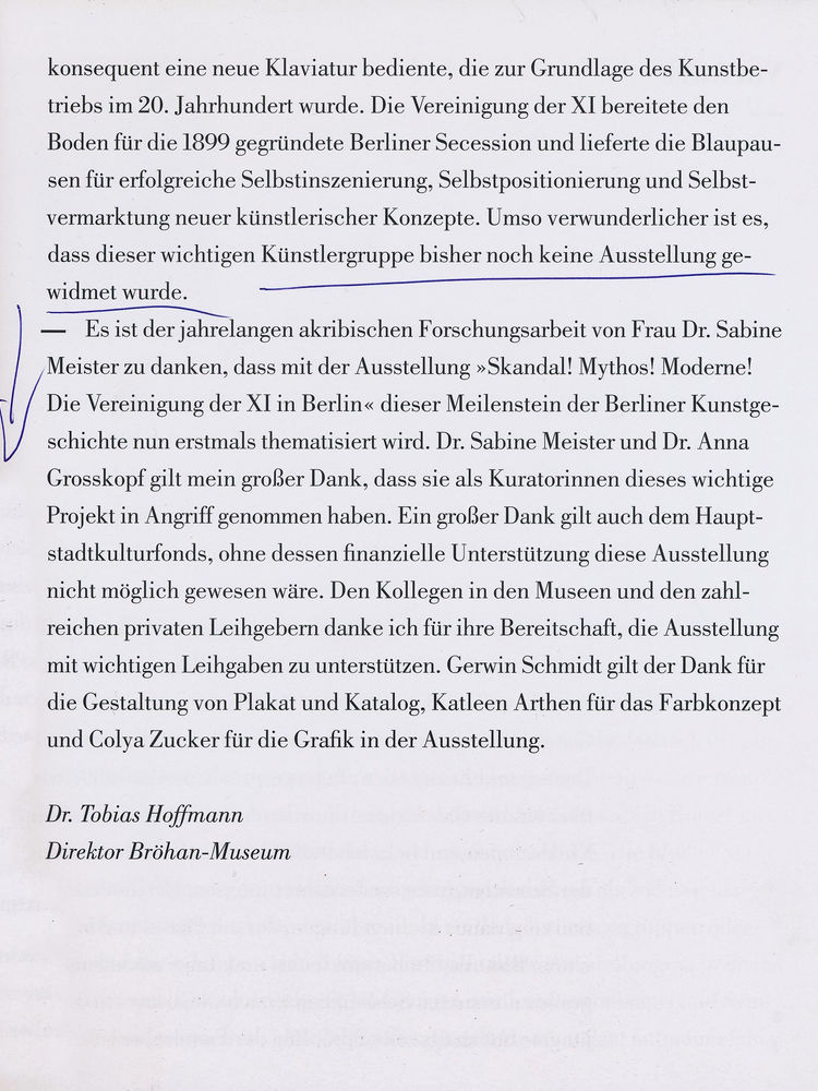 Grußwort von Dr. Tobias Hoffmann aus dem Katalog "Skandal! Mythos! Moderne! Die Vereinigung der XI in Berlin"