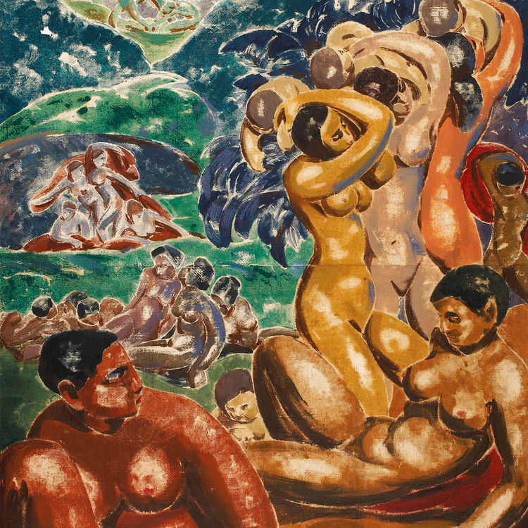 Denkmäler an die Frau II, 1913, (Denkmal an die Frauen; Tal der gläubigen Frauen) Farbmonotypie mit Übermalungen in Tempera auf Papier, auf Leinwand aufgezogen, Kunstmuseum Luzern