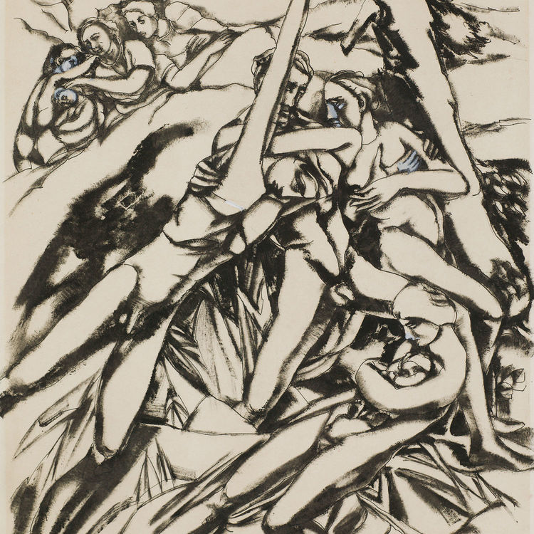 Ohne Titel (Frau mit Kind unter Männern), um 1917, Tusche, weiß gehöht auf Zeichenkarton, Sammlung Sperrmann/Knorr, Berlin
