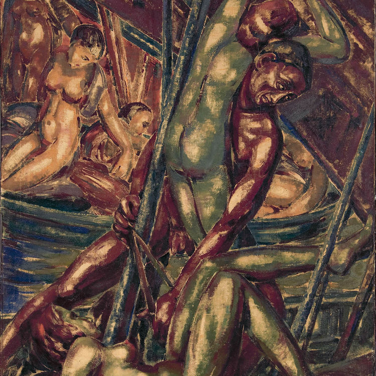 Raub der Freundin I, 1913, Farbmonotypie mit Übermalungen in Öl auf Papier, auf Leinwand aufgezogen, Kunstforum Ostdeutsche Galerie Regensburg