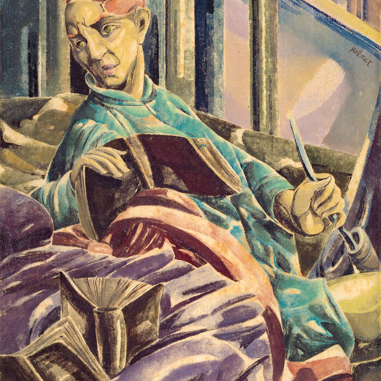 Selbstbildnis mit Büchern, 1927, Farbmonotypie auf Japanpapier, Berlinische Galerie, Berlin